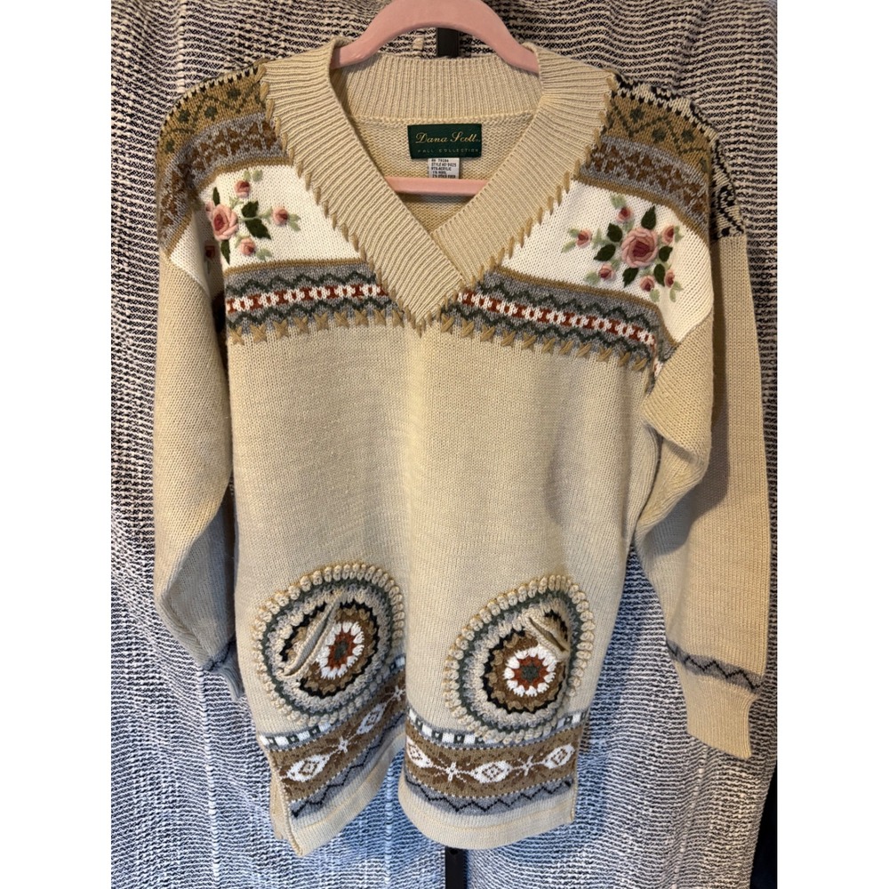 VTG Dana Scott‎ Fall Collection Sweater Women's M Beige Floral embroidered Knit
